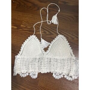 SHEIN White Crochet Halter Bralette Boho Festival Lace Up Tassel Top Size M NEW